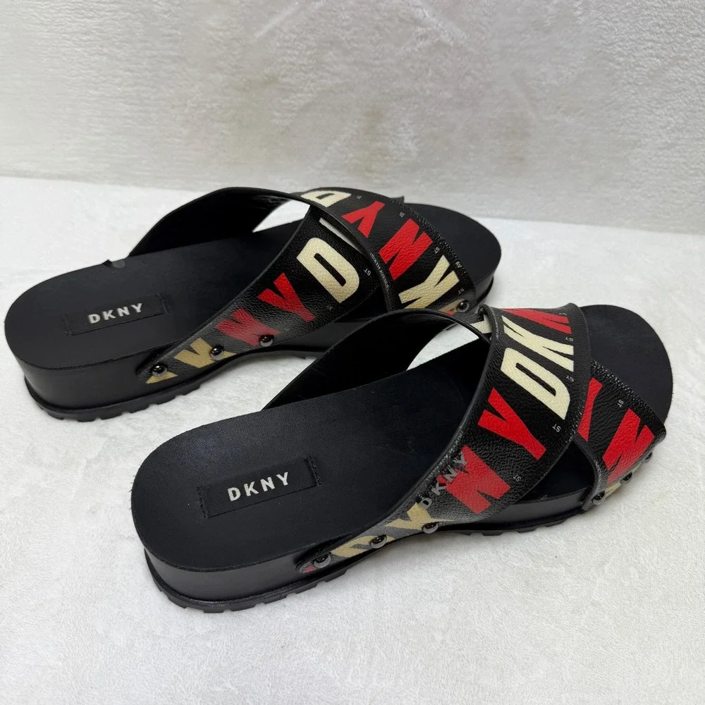 DKNY Womens Platform Slide Sandals Black Red White Crisscross Straps Studded
